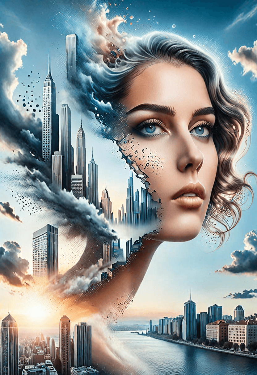 AI generated: Surrealist portrayal of a beautiful young woman in her 20s experiencing a dreamlike urban landscape,...