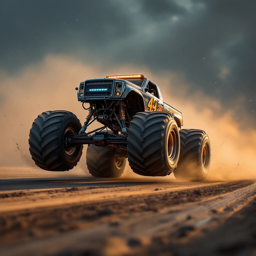 AI generated: photography, sports shooting, dynamic range, dynamic motion with Monster Truck driving towards camer...