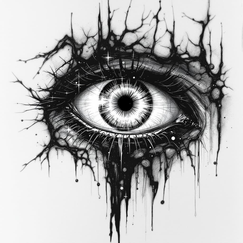 AI generated: a black and white drawing of a person's eye, by Takeshi Obata, johan liebert mixed with dante, subtl...