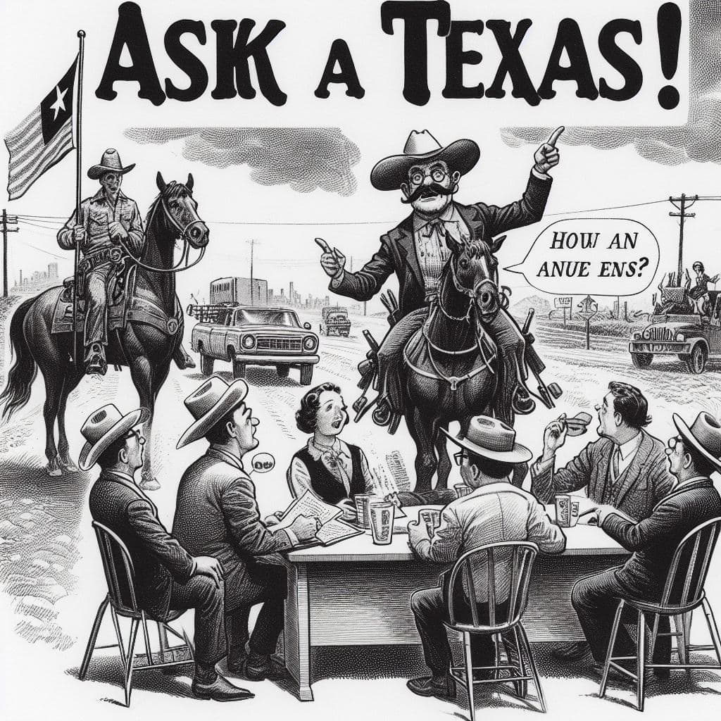 AI generated: "Ask a Texan!" A cartoon in the style of the New Yorker Magazine 1960s