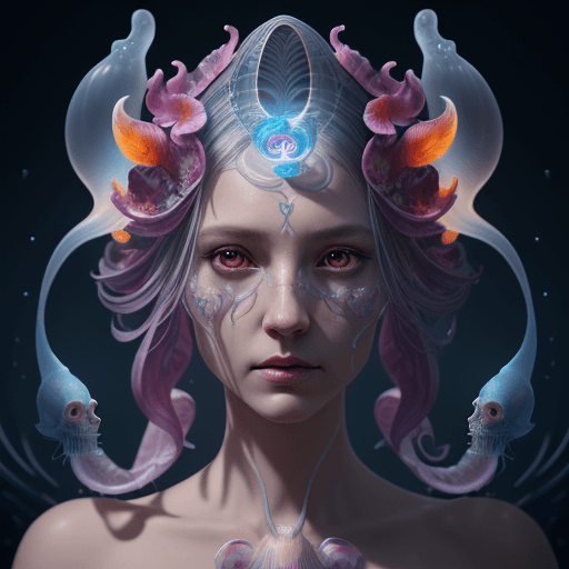 AI generated: Goddess close-up portrait ribcagel. jellyfish phoenix head, nautilus, orchid, skull, betta fish, bio...