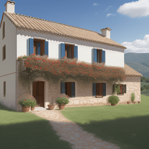 AI generated: Realistic photo. A countryside house in a classic Catalan style. Add ribbons everywhere. Ther ribbon...