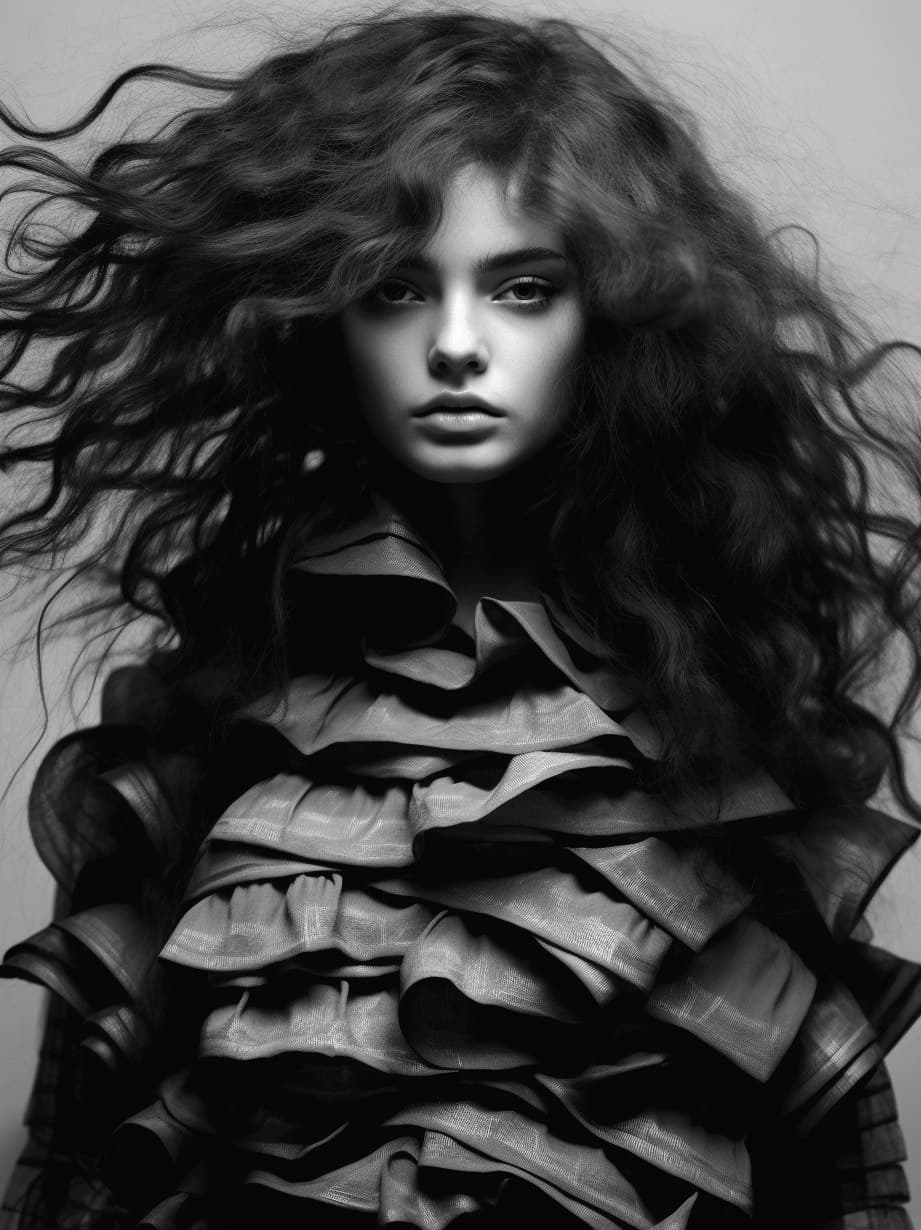 AI generated: a black and white photo of a woman , i-d magazine, hair floating covering chest, she is about 1 6 ye...