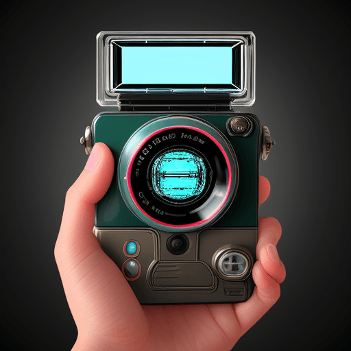 AI generated: photorealistic handheld device retro sci-fi with transparent plastic camera and pixel screen and han...