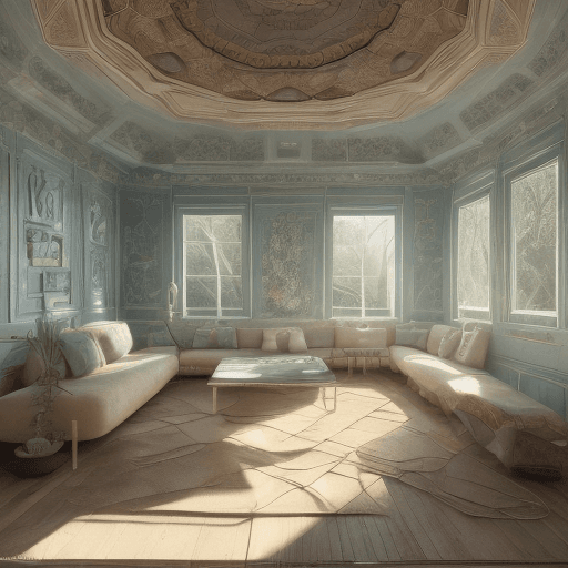 AI generated: High resolution photography interior design, dreamy sunken living room conversation pit, wooden floo...
