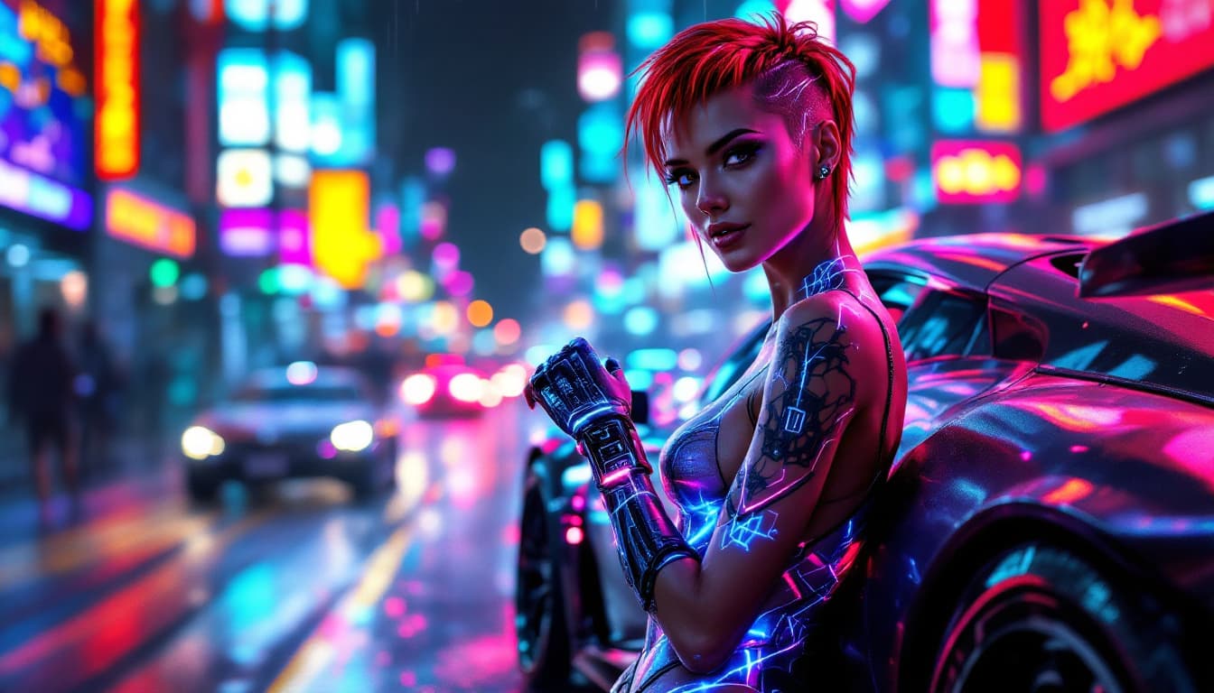 AI generated: A stunning, hyper-realistic cyberpunk woman leans against a high-performance neon supercar, her tigh...