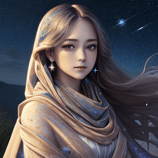 AI generated: Masterpiece, high detail, female, shining,, charming, wearing a corolla, long hair shawl, starlight,...