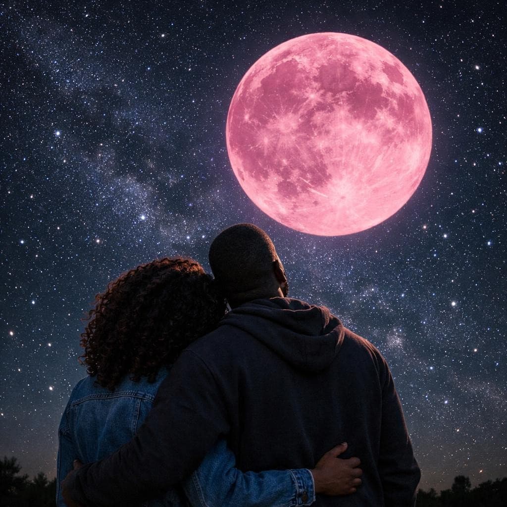 AI generated: 4K HD dark-brown-skinned couple gazing up on a clear starry night at a pink moon