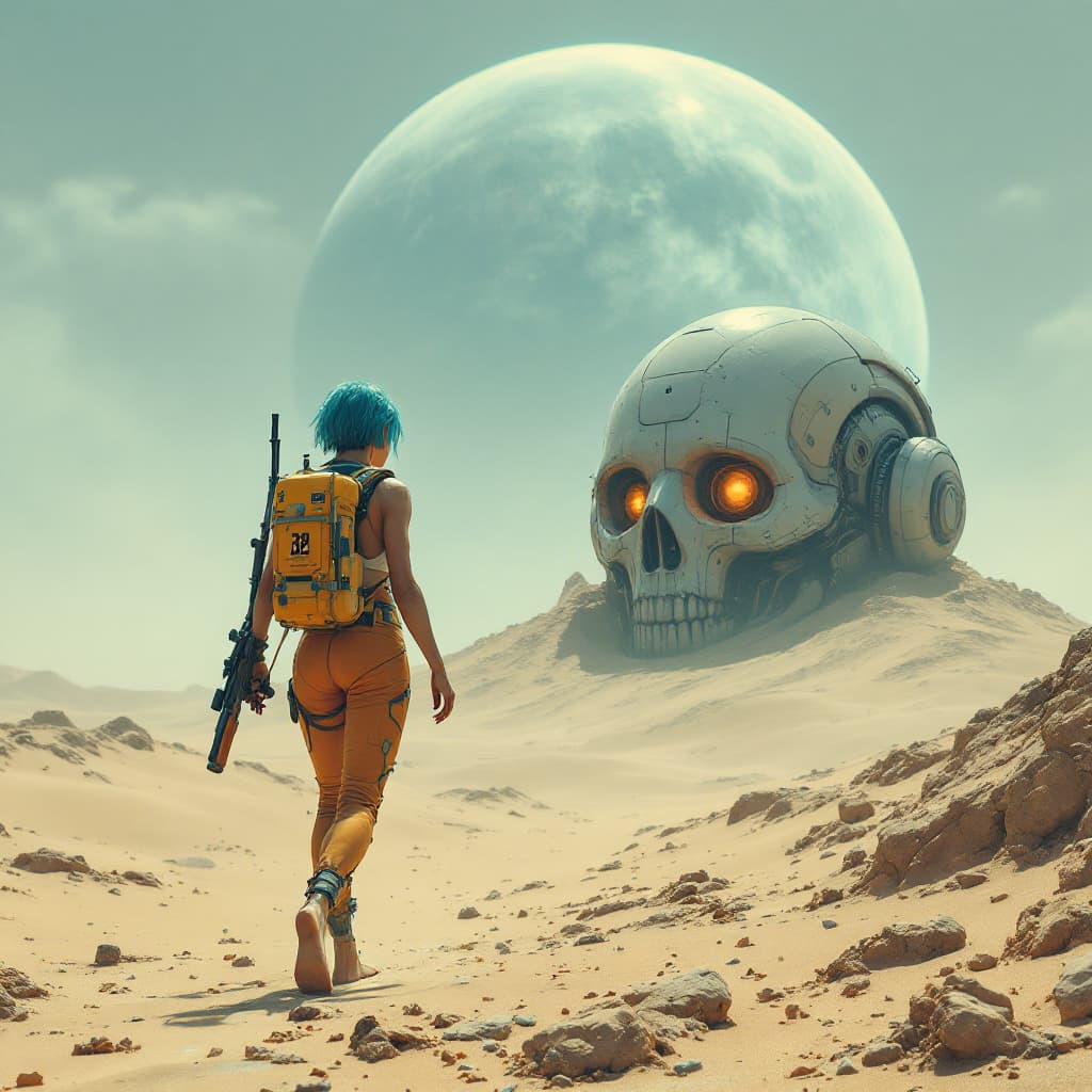 AI generated: Create an image of a post-apocalyptic desert scene with a futuristic twist. In the foreground, a bar...