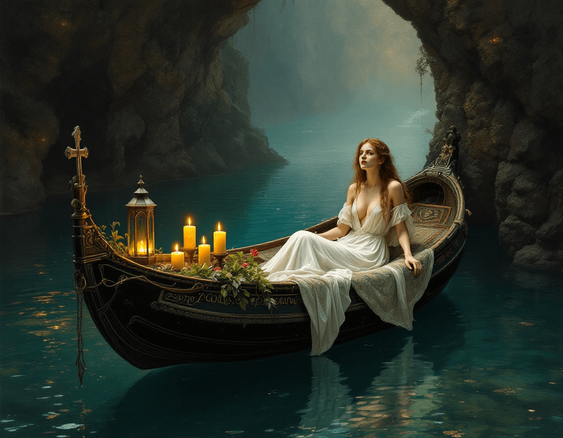 AI generated: Create a beautiful painting by John William Waterhouse known as 'The Lady of Shalott'. She is isolat...