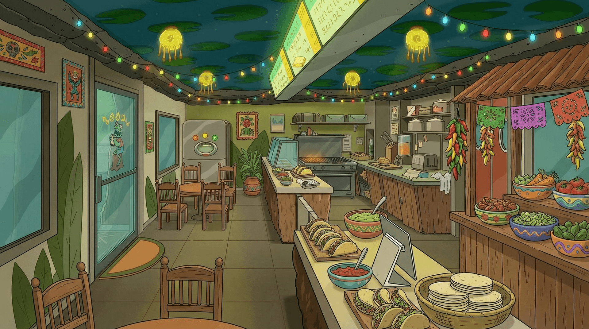 AI generated: create a restaurant interior mexican food. chairs stands and vendor food selection area inside.