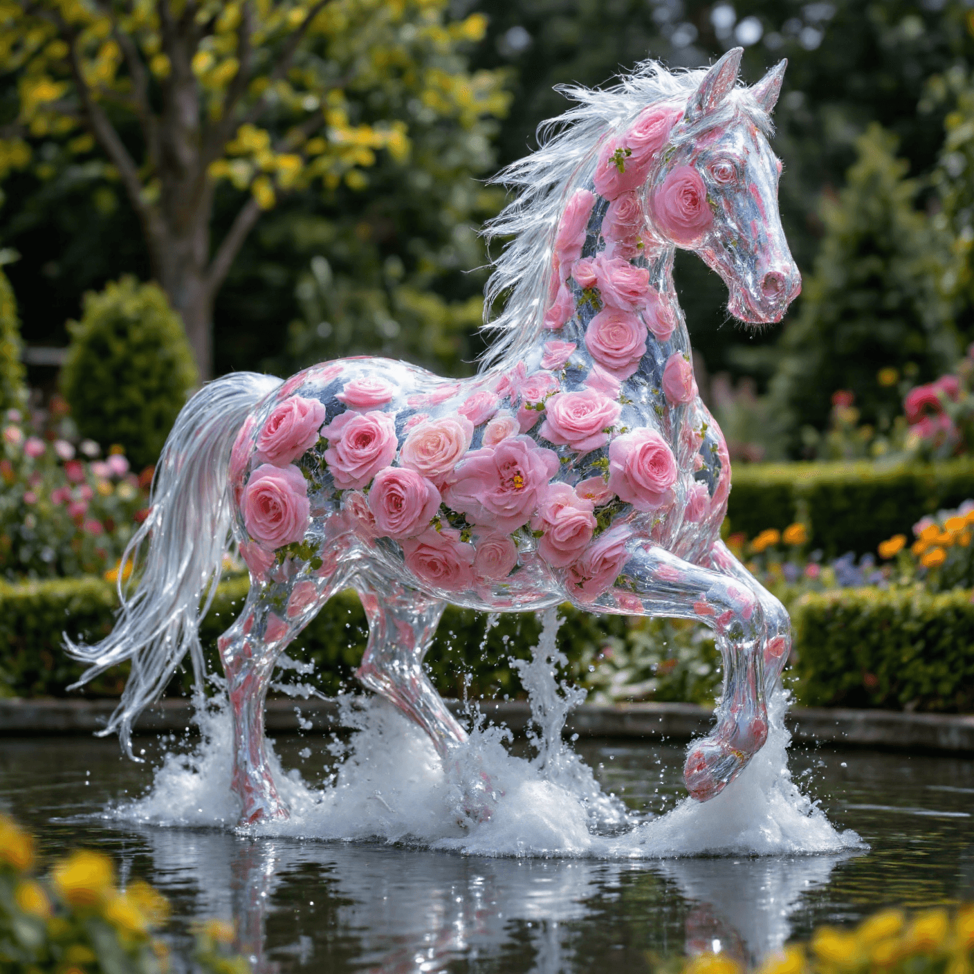 AI generated: The image depicts a highly detailed and artistic representation of a horse sculpture made entirely f...