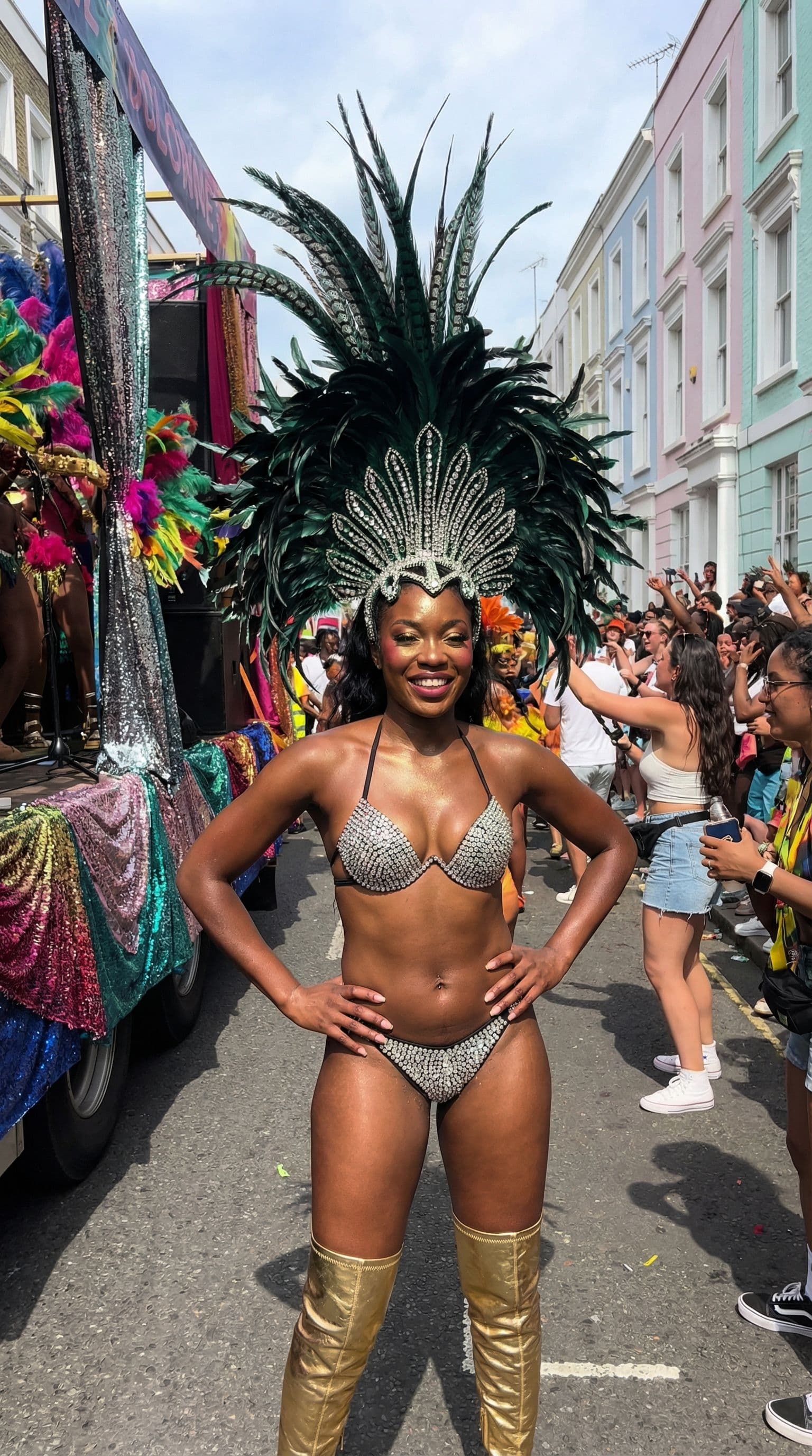 AI generated: An espresso brown-skinned African American woman stands confidently, her emerald green and silver fe...