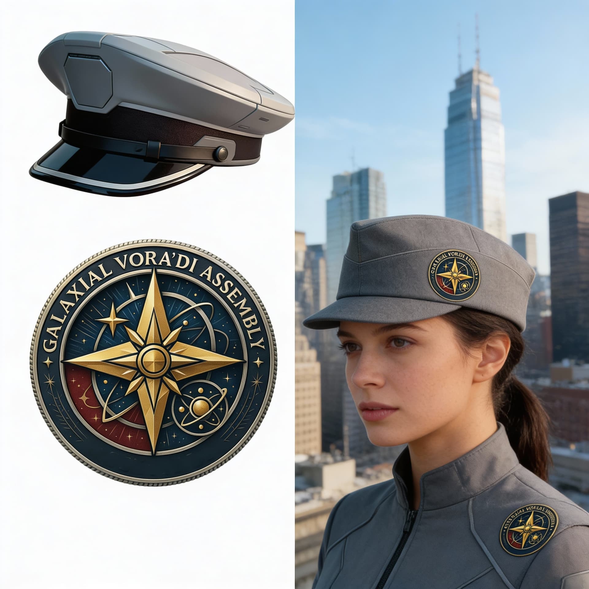 AI generated: Create a Sci-Fi uniform Cap. Reference image 1 is the GVA Seal. Place the Seal in the front center o...