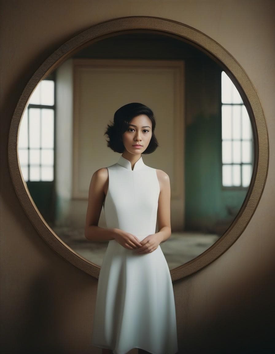 AI generated: abandoned circular room with a mirror in the middle, 35mm photography in the style of Simon Latching...
