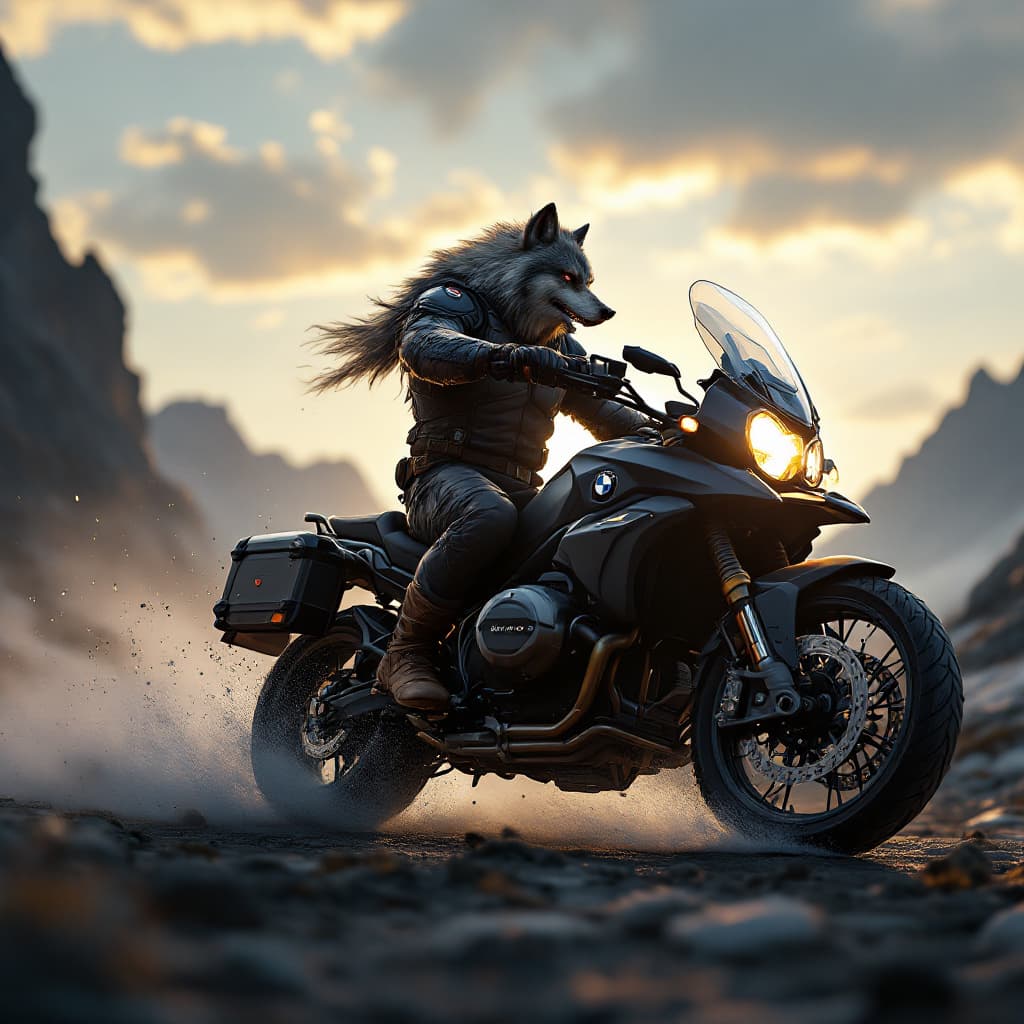 AI generated: anime, a manly muscle wolf ridding a black adventure BMW GS Motorcycle, cover art, dramatic light, p...