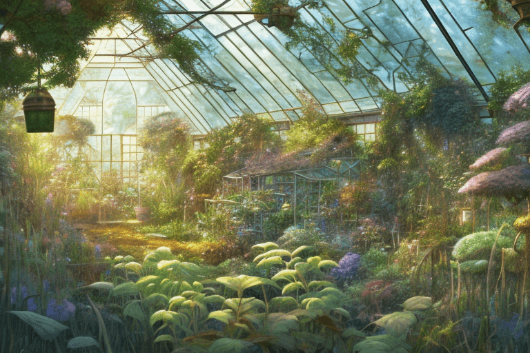 AI generated: an old greenhouse overgrown with plants, cottagecore style, golden hour, lights, fantasy concept art...