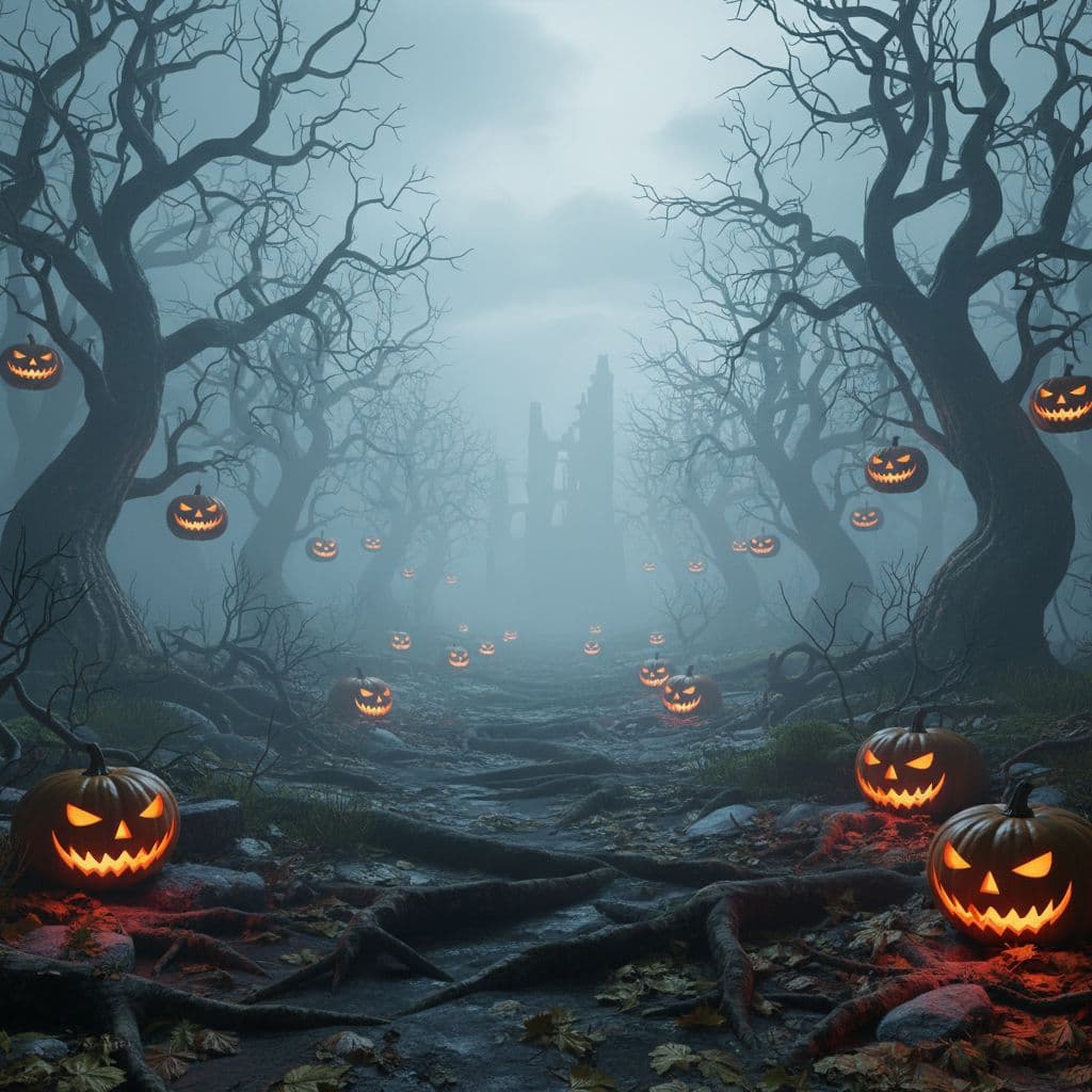 AI generated: Photo-realistic 3D haunted forest background, foggy atmosphere, glowing jack-o'-lanterns, cinematic ...