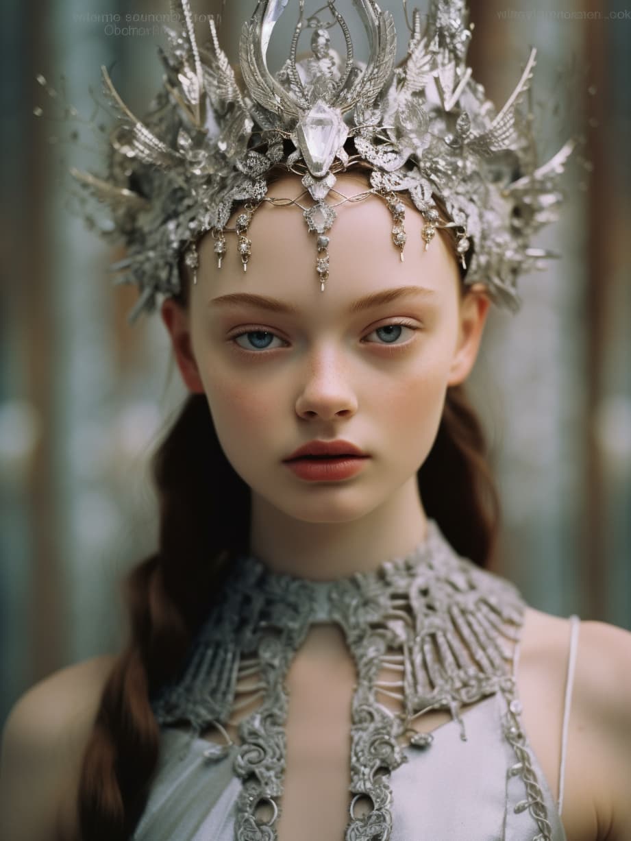 AI generated: a close up of a person wearing a silver dress, by Alexander McQueen, art nouveau, organic headpiece,...