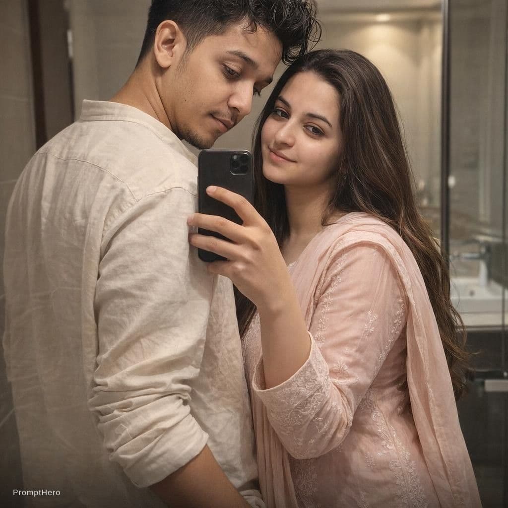 AI generated: 
A highly realistic mirror selfie of a young couple standing in a modern bathroom.

The young man is...