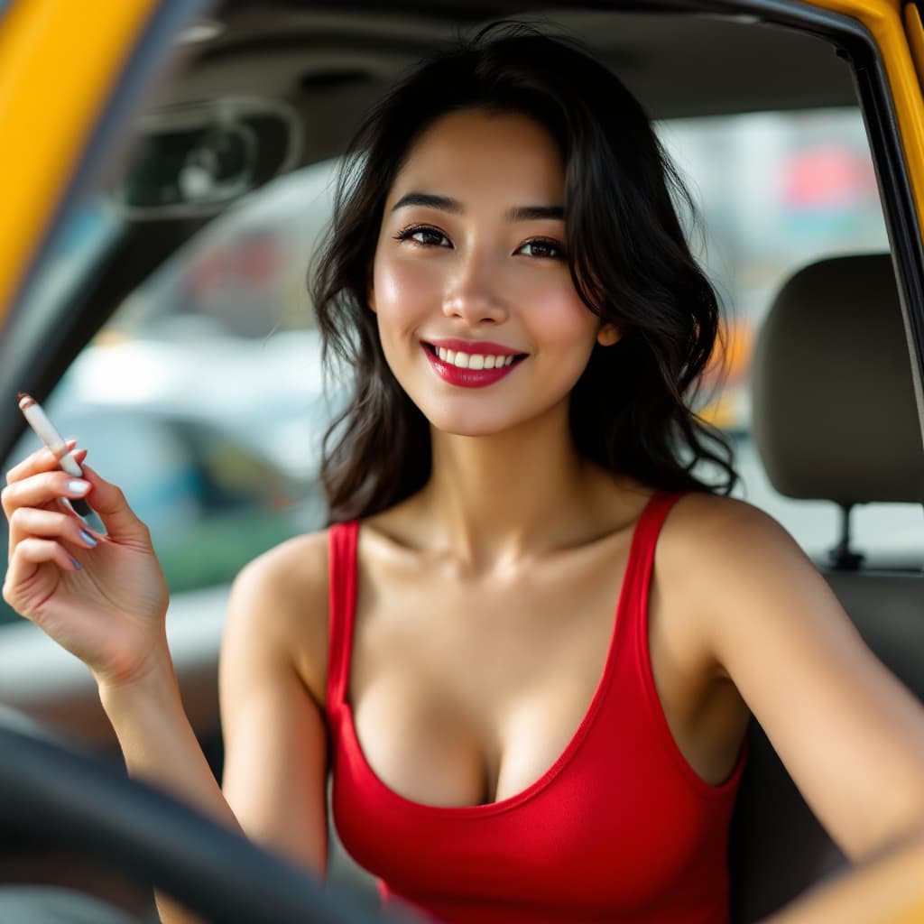 AI generated: Asian girl,  She is wearing red tank top,The woman is smoking a cigarette, which she holds in her ri...