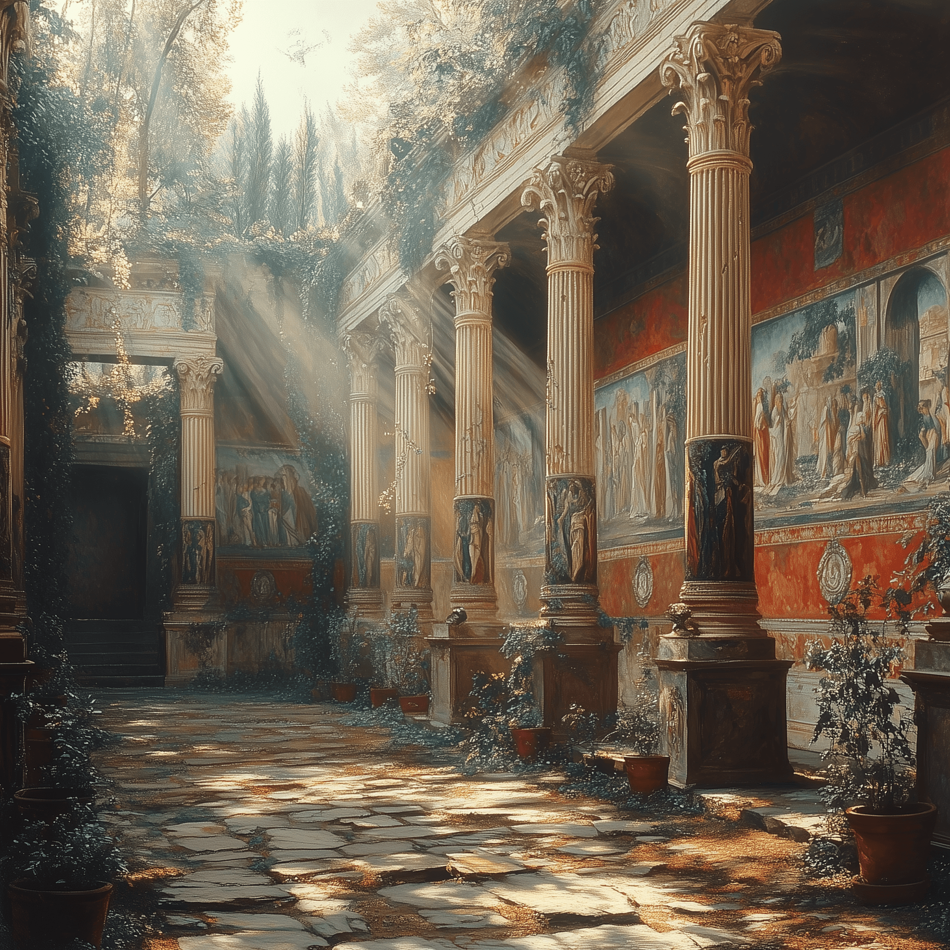 AI generated: A scene of an ancient Roman temple with columns adorned in vibrant murals depicting scenes from the ...