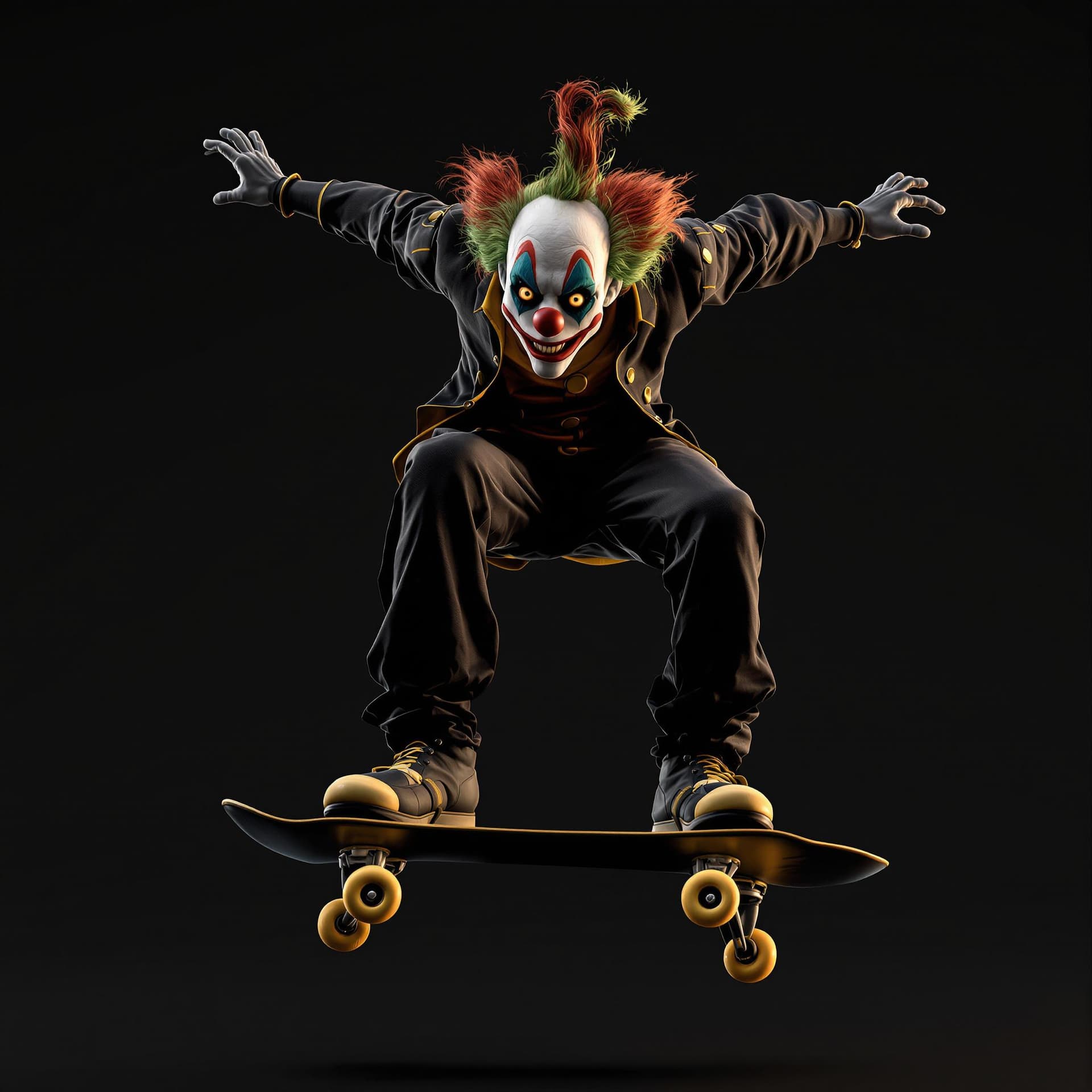 AI generated: Skateboarding clown, Digital rendering, 3D modeling, Contemporary era, High contrast with dark and g...