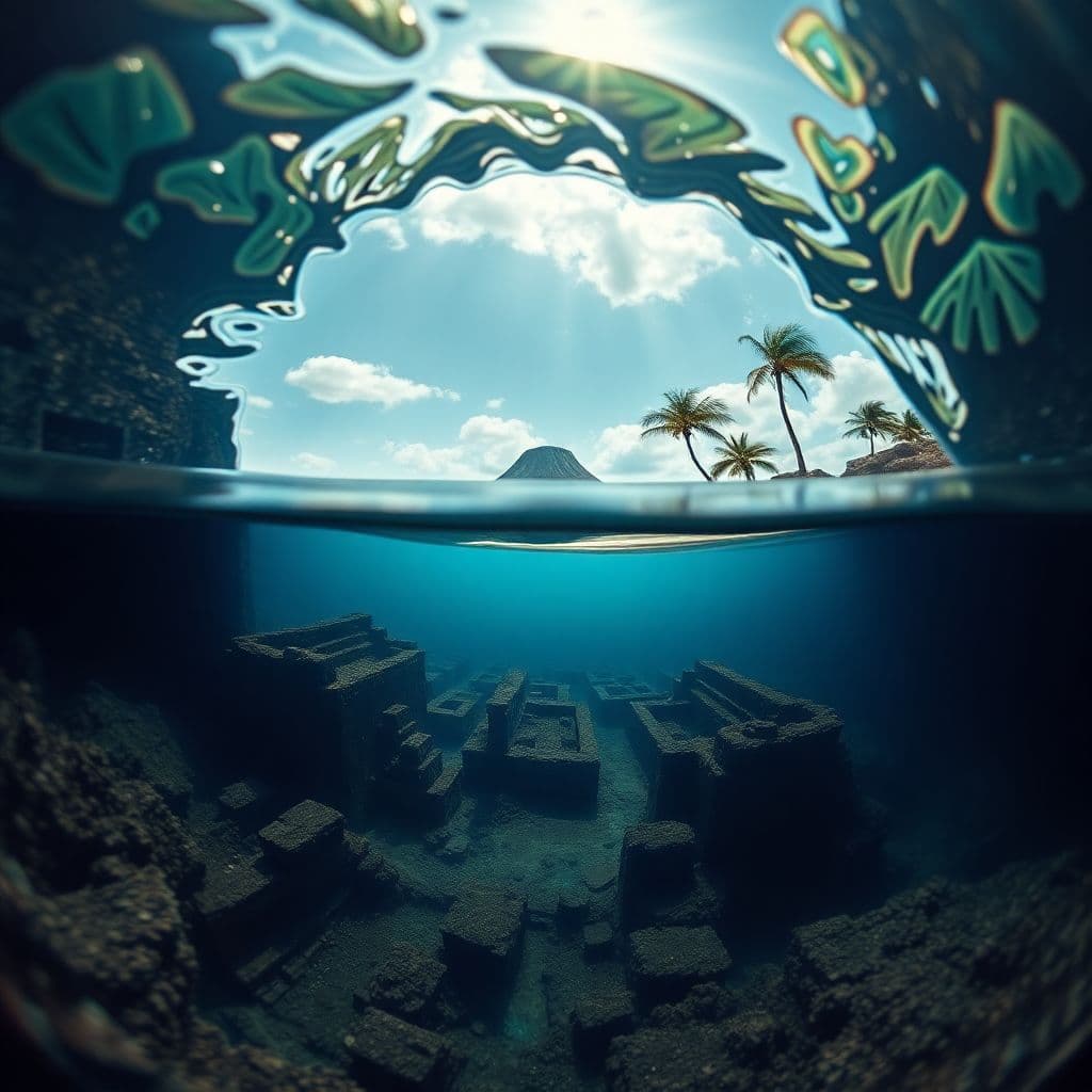 AI generated: A cinematic split-frame composition where the lens is half-submerged underwater, Below the surface t...