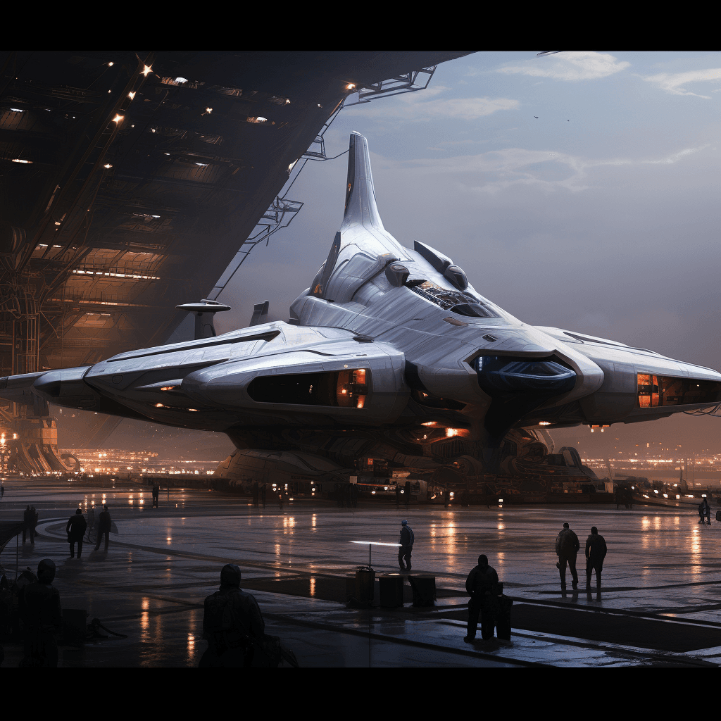 AI generated: starship in port, repairs, loading cargo, sci fi, future