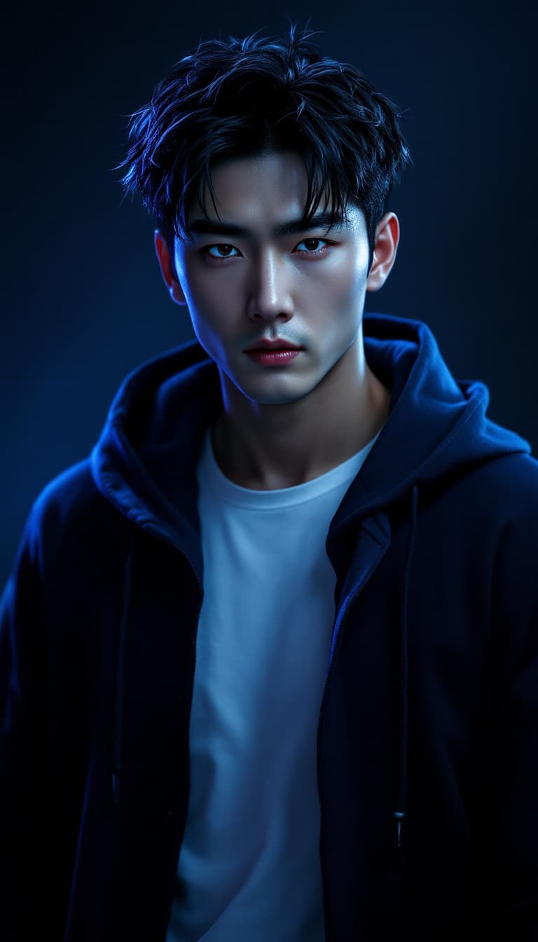 AI generated: A photo-realistic full body-portrait of Sung Jin-Woo from Solo Leveling, looking intensely at the vi...