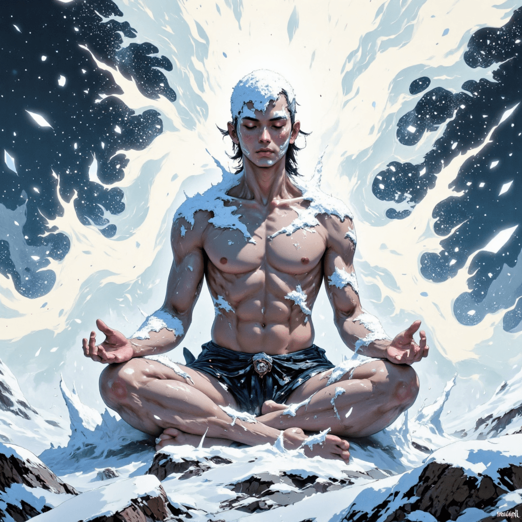 AI generated: image of a lone ninja sitting in deep meditation amidst a violent blizzard, his body partially cover...