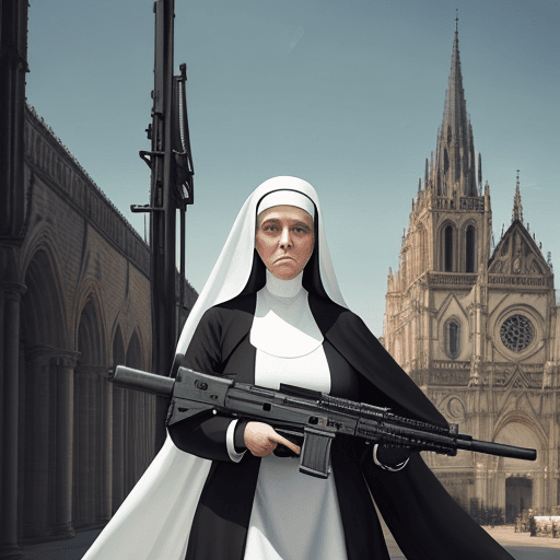 AI generated: nuns with guns, a beautiful nun holding a large machine gun, a cathedral in the background, beautifu...