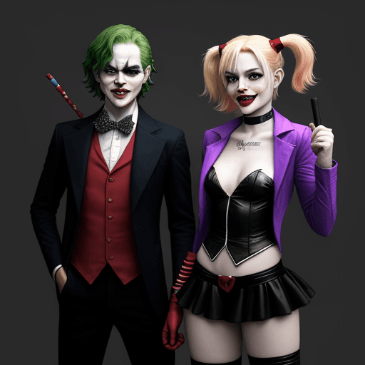 AI generated: DC character Joker and Harley Quinn in original cosplays