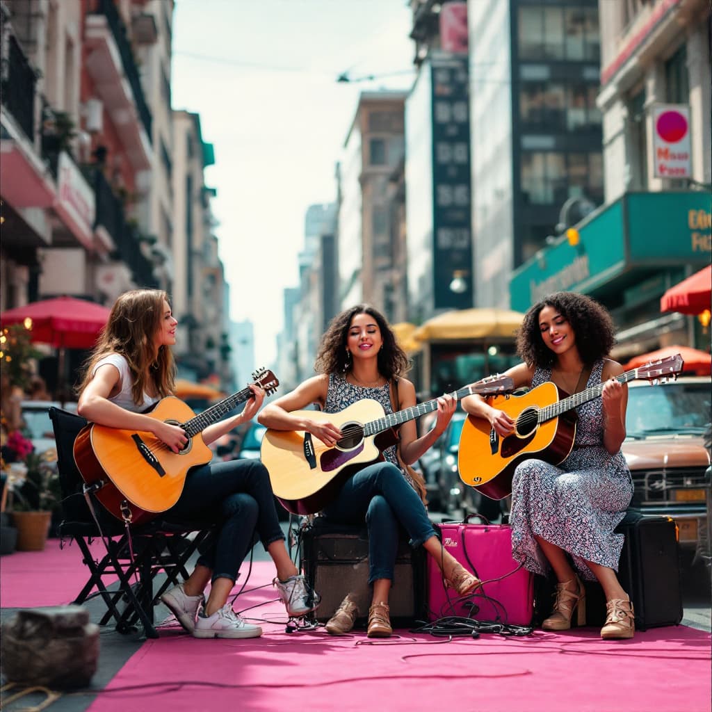AI generated: A photograph of three girls playing music on the street in the style of Pop Art with a medium aspect...