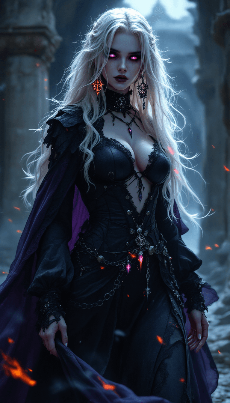 AI generated: The Spectral Pyromancer: A haunting and dangerous sorceress with long, platinum blonde hair that see...