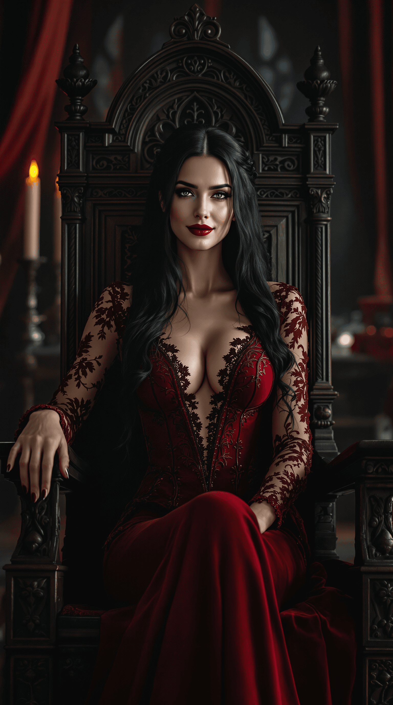 AI generated: a cinematic portrait of a mysterious noblewoman in her early thirties, seated gracefully on a grand ...