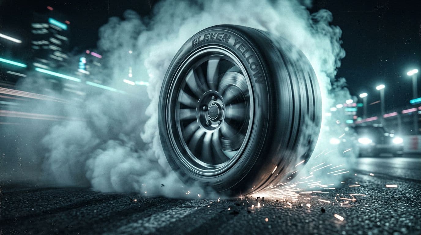 AI generated: cinematic close-up of a high performance racing tire spinning at extreme speed, dramatic burnout, th...