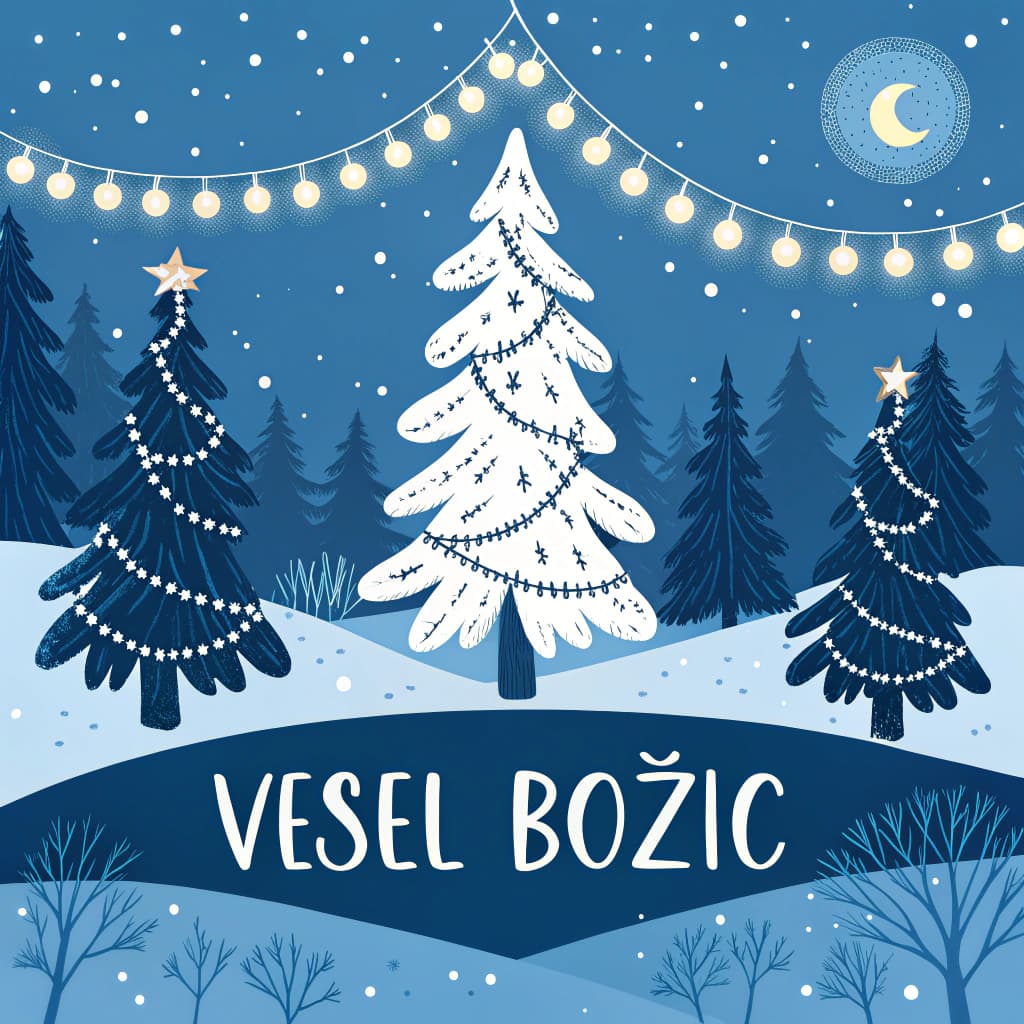 AI generated: High resolution photography intStylish Christmas card with snow-covered spruce trees on a blue backg...