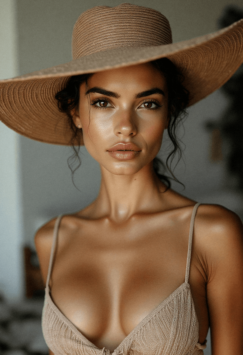 AI generated: A detailed portrait of a young woman with a sun-kissed complexion, wearing a wide-brimmed straw hat ...