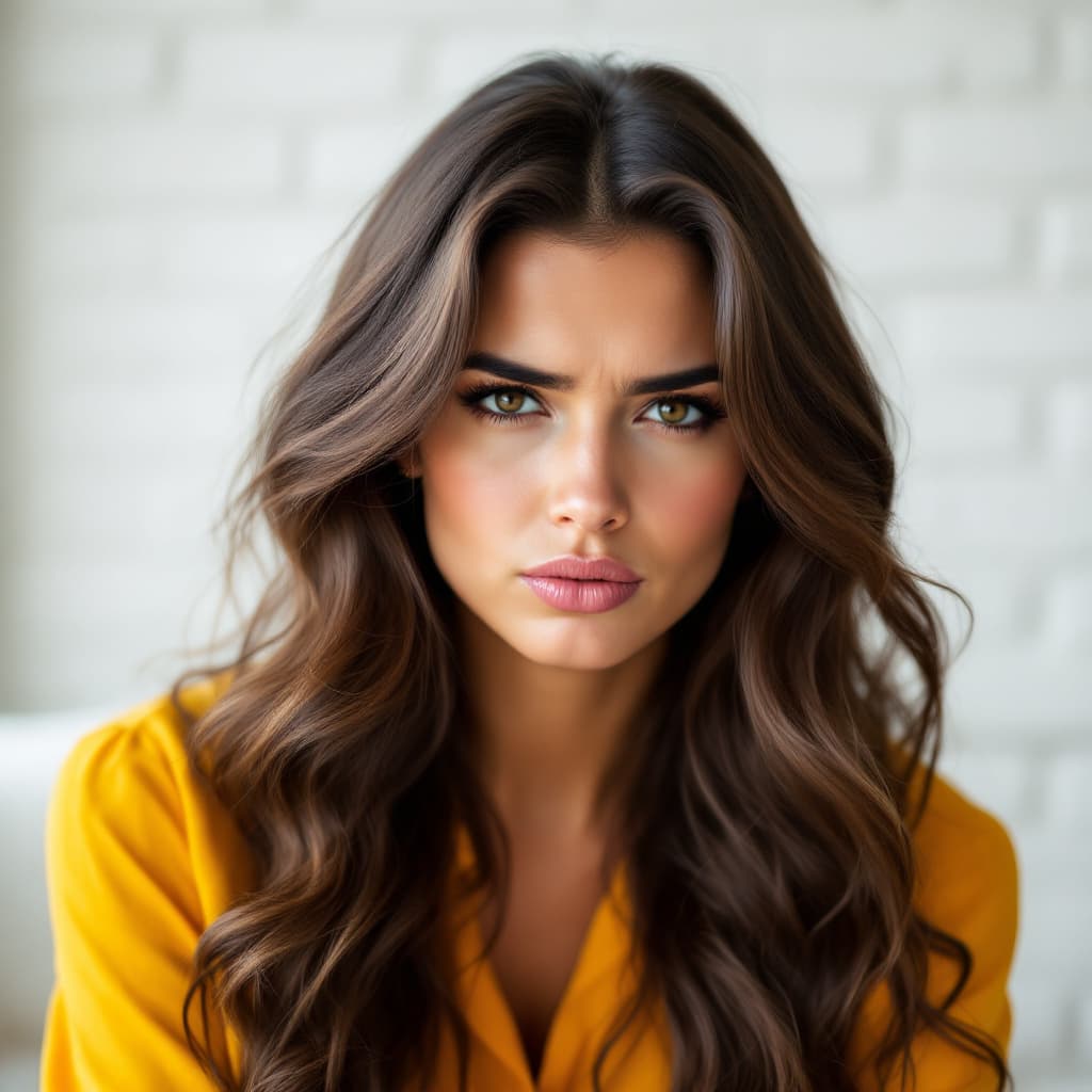 AI generated:  female, Elegant portrait of a woman with long wavy hair, wearing a yellow shirt,indoors, 
sulky loo...