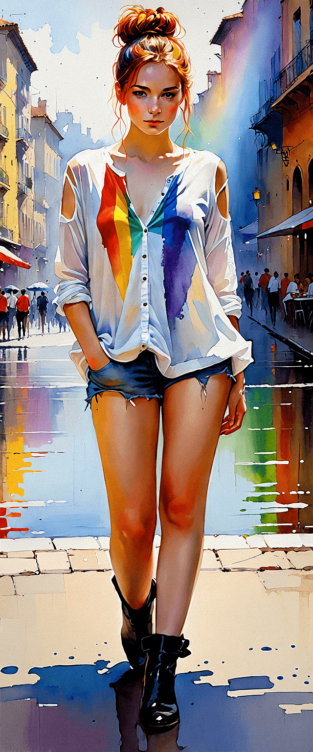 AI generated: The image features a woman walking down a street, wearing a white shirt and blue shorts. She is the ...