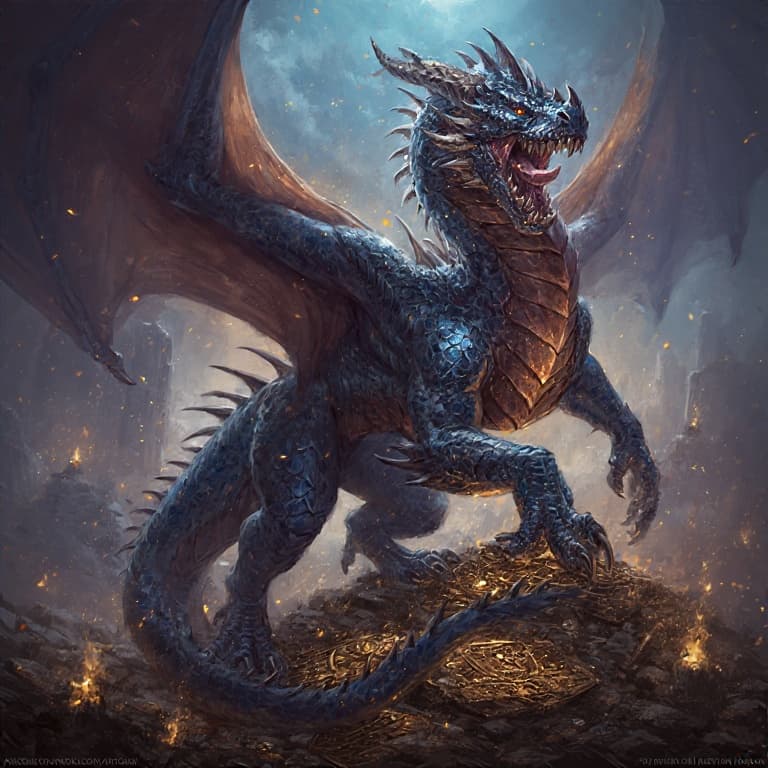 AI generated: ancient dragon guarding atop cursed artifacts