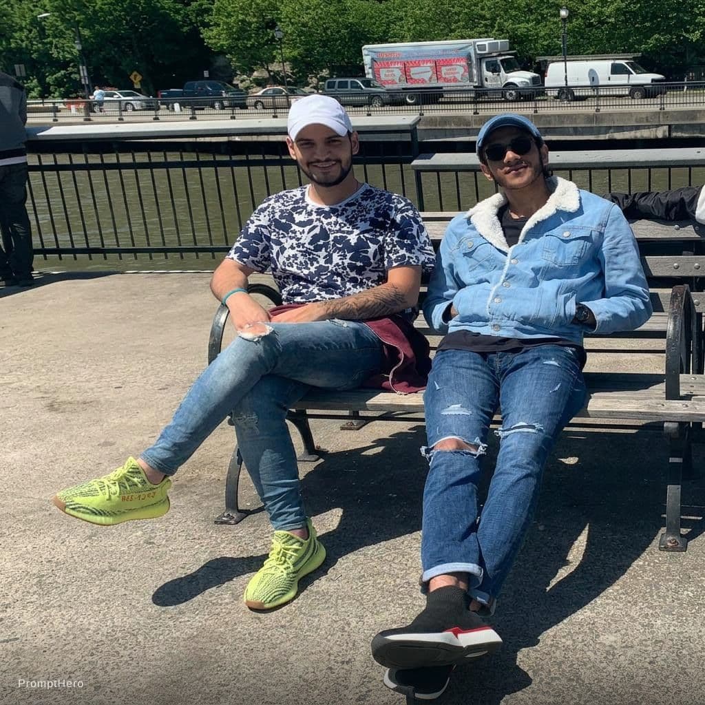 AI generated: Wear the left person side the uploaded shoes and don’t change anything else
