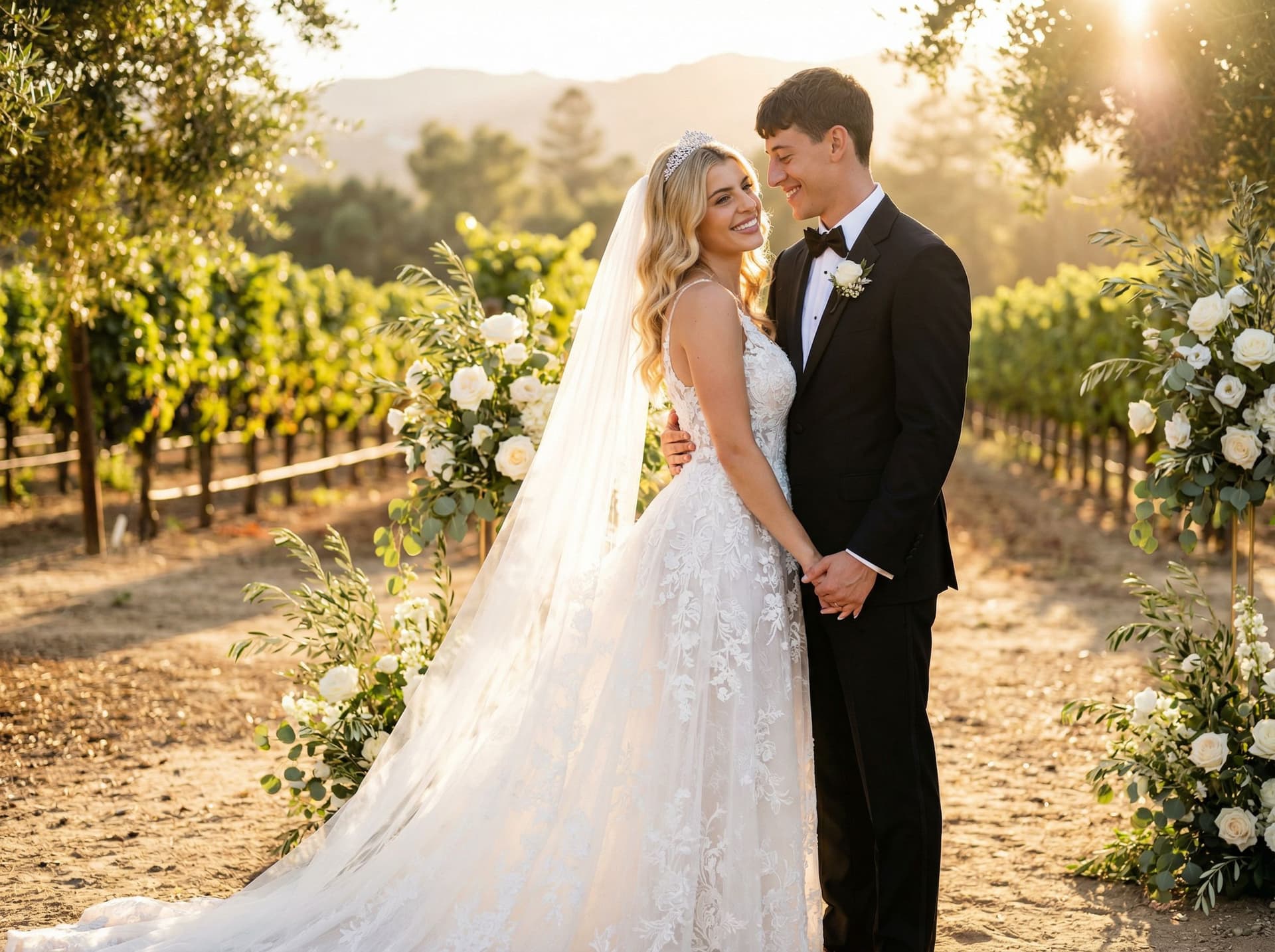 AI generated: Expand the frame of this close-up wedding portrait into a full-body or three-quarter length shot, ma...
