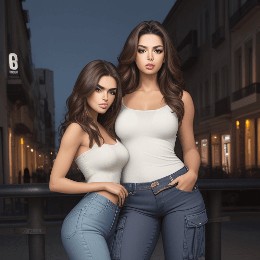 AI generated: Photo of beautiful latin models , in a top,  
 and fashion wide jeans with  cargo pockets with brune...
