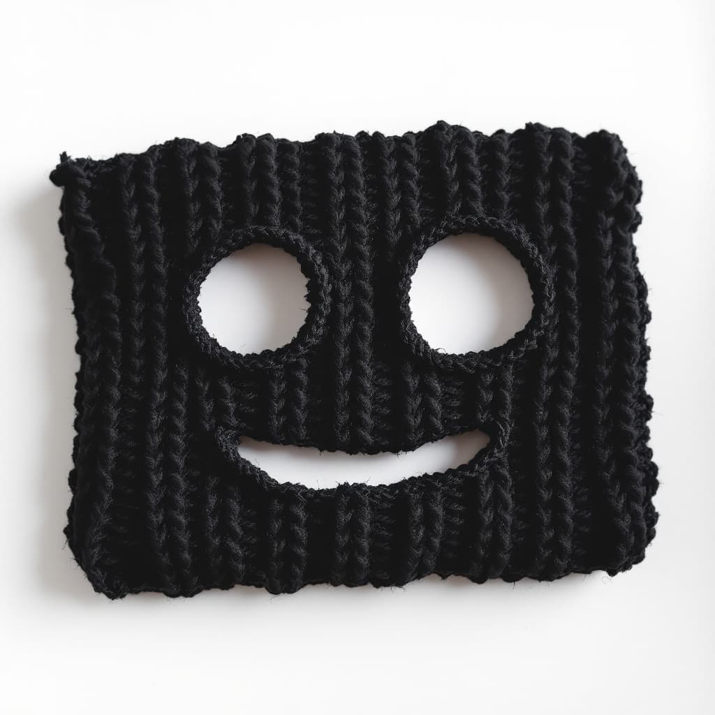 AI generated: black ribbed knit baklava with two holes for the eyes, one whole for the mouth