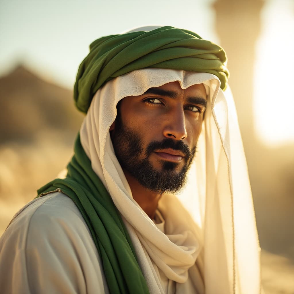 AI generated: Full length of attractive Arab man in long white Arabic dress and green turban, his face is covered ...