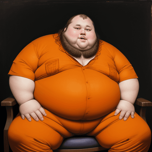 AI generated: a portrait with face of a fat man sitting on a chair wear orang colors cloths all around with his ha...