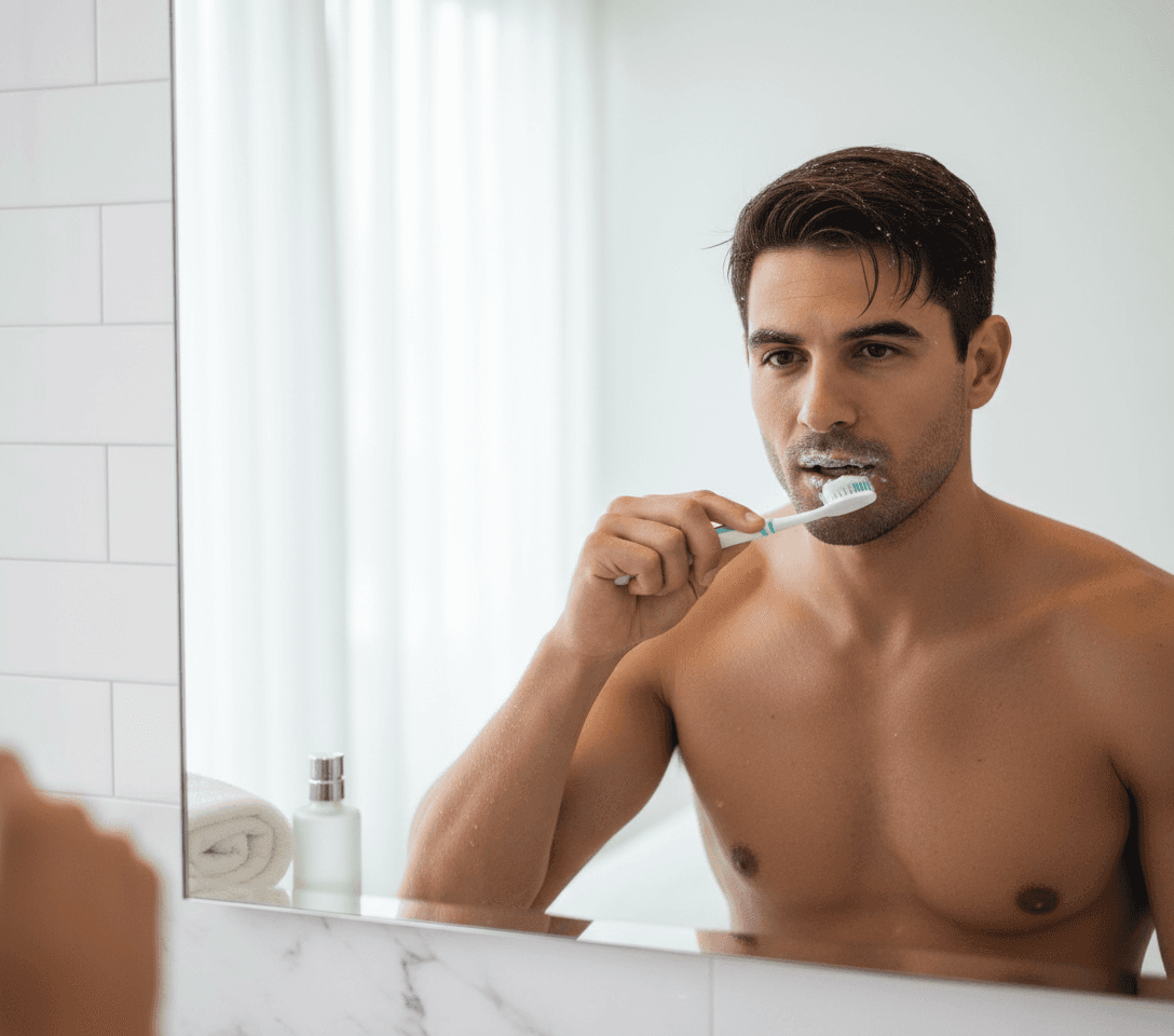 AI generated: In a bright bedroom scenario. The Hispanic male is brushing his teeth in the mirror. He is shirtless...