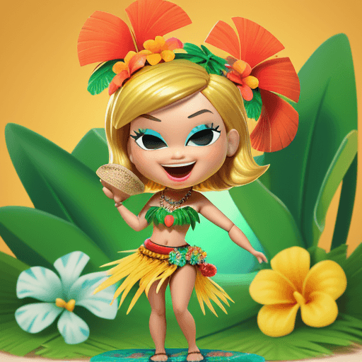AI generated: Pixar Style, bobble head toy, beautiful, hawaiian hula dancer, laughing, grass skirt, Hawaiian Jumbo...
